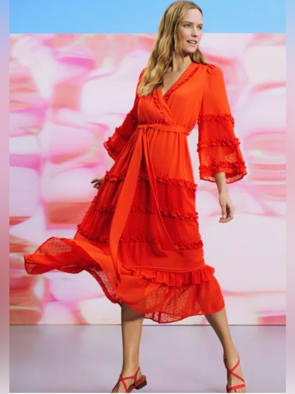 Alexis Ruffle Wrap Midi Dress with Tie Waist